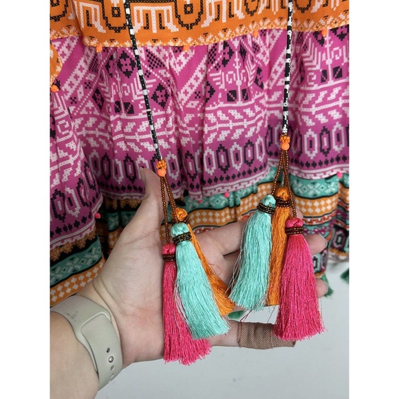 Hemant & Nandita 100% silk tiered Tassel multi pattern dress size Small - Picture 6 of 9